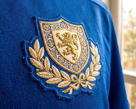 Embroidered crest on a royal blue jersey