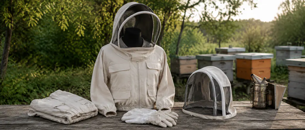 Beekeeping jacket, suit and veil components prepared for a protective-apparel brief