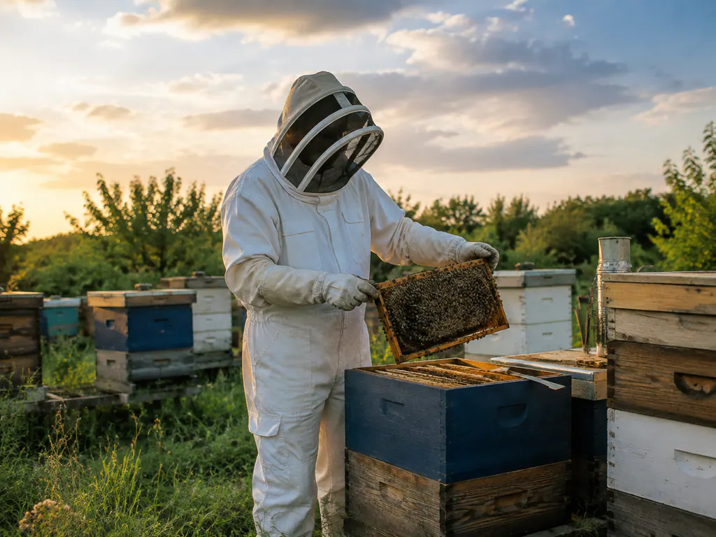 Beekeeper wearing a full suit beside managed hives