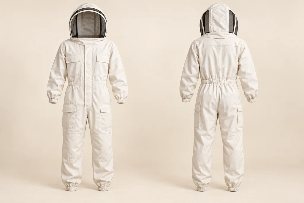 AI concept: front and back of an ivory woven suit with fencing-style veil