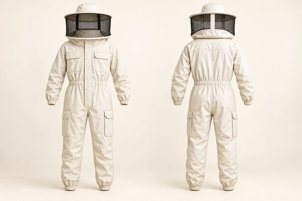 AI concept: front and back of an ivory woven suit with round veil