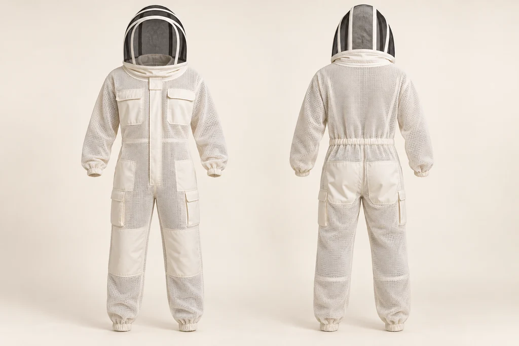 AI concept: front and back of an ivory ventilated suit