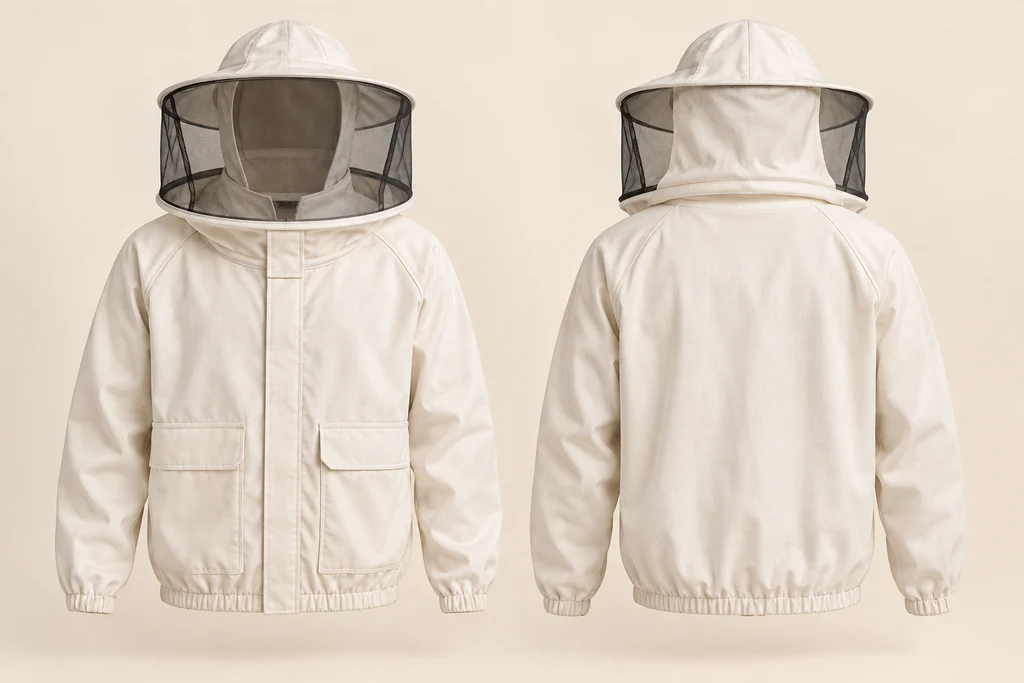 AI concept: front and back of an ivory round-veil jacket
