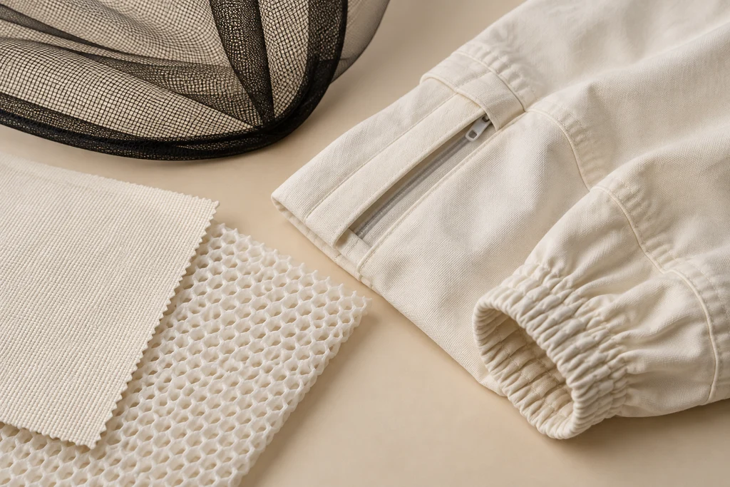 AI illustration of woven fabric, spacer mesh, veil mesh, zip and cuff construction details