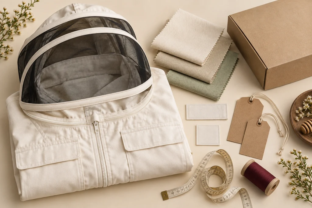 AI concept of beekeeping apparel with colour swatches, blank labels and packaging