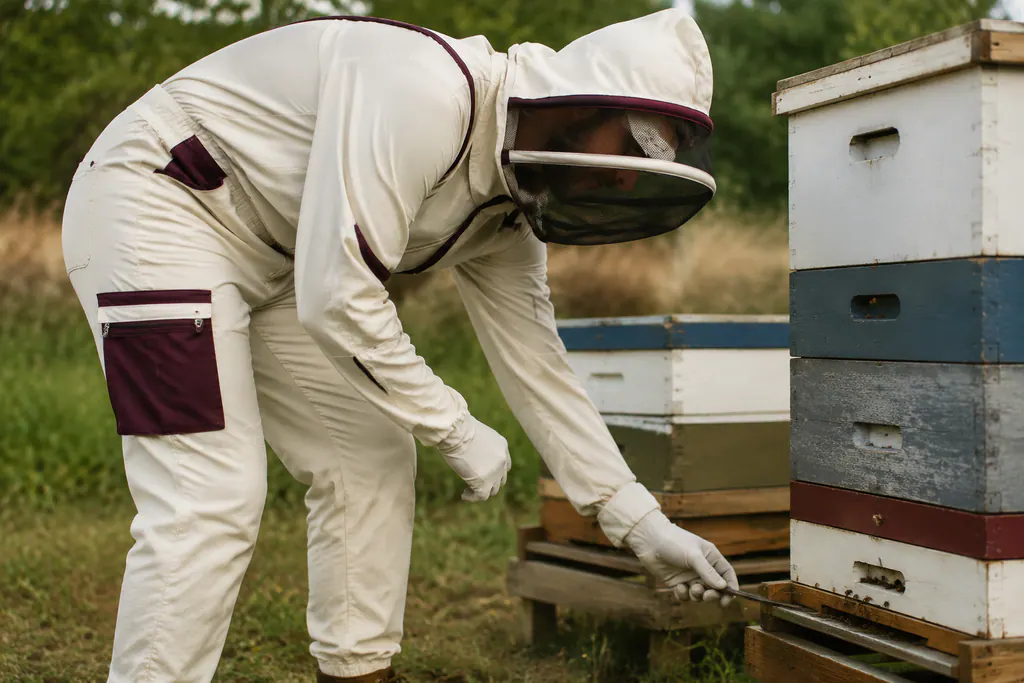 Beekeeper bending and reaching while garment pocket placement is reviewed