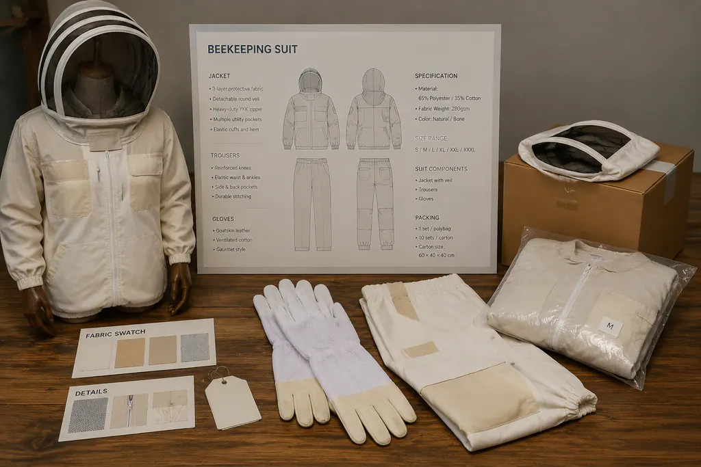 Beekeeping suit, components, specification and packaging arranged for order planning