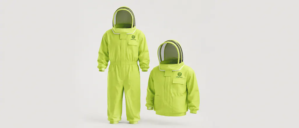 Wide product composition showing a beekeeping suit and jacket