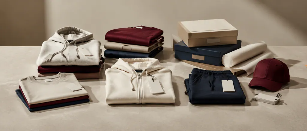 Private-label apparel range with coordinated labels and packaging prepared for briefing