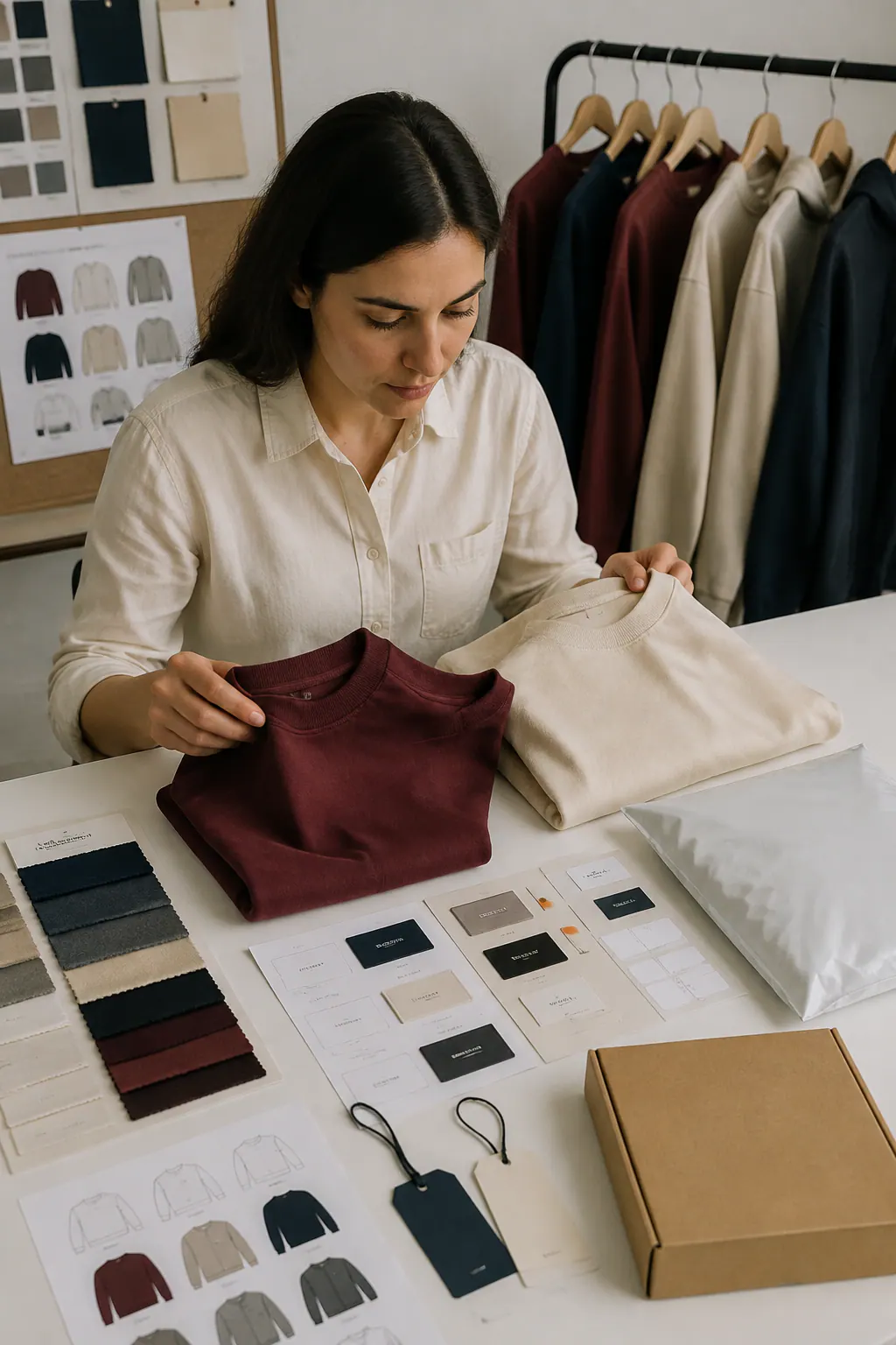 Private-label buyer comparing garment, label and packaging specifications