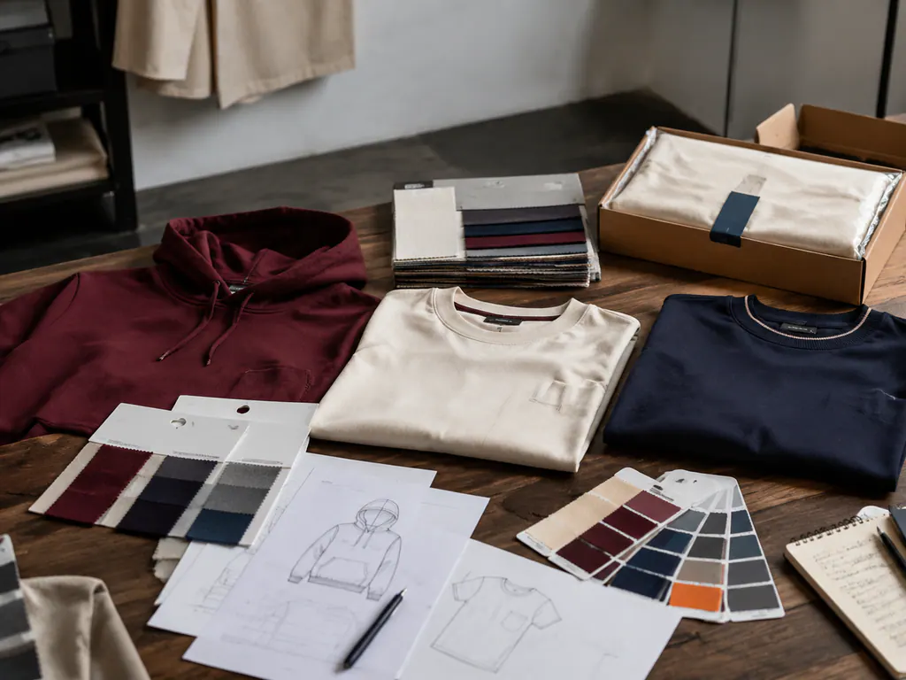 Garments, swatches, artwork and packaging arranged for product development