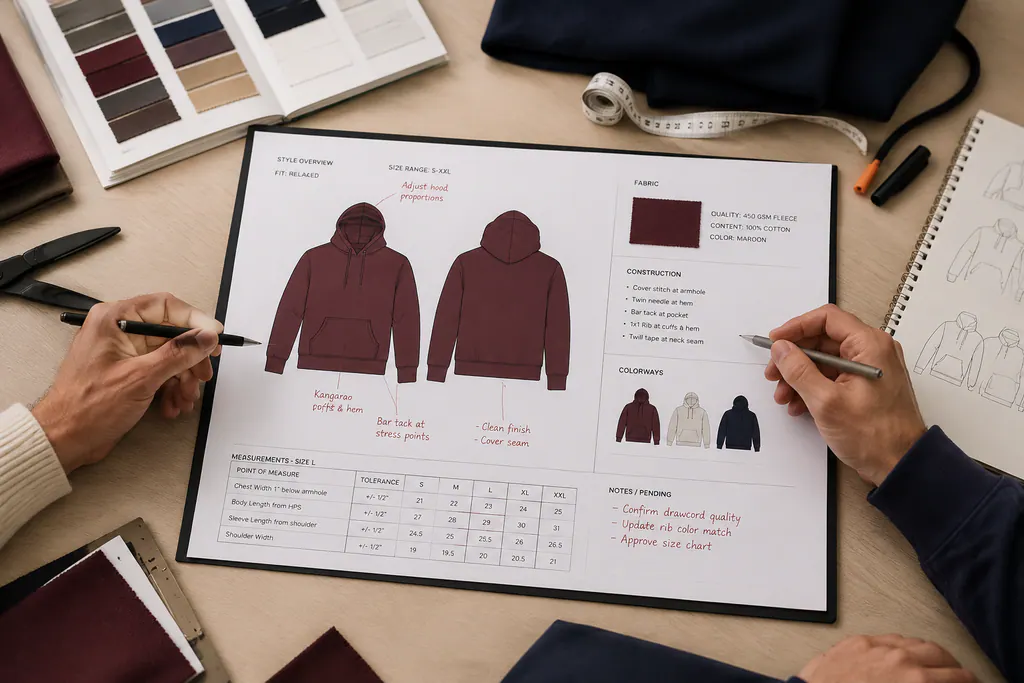 Annotated tech pack under product-development review