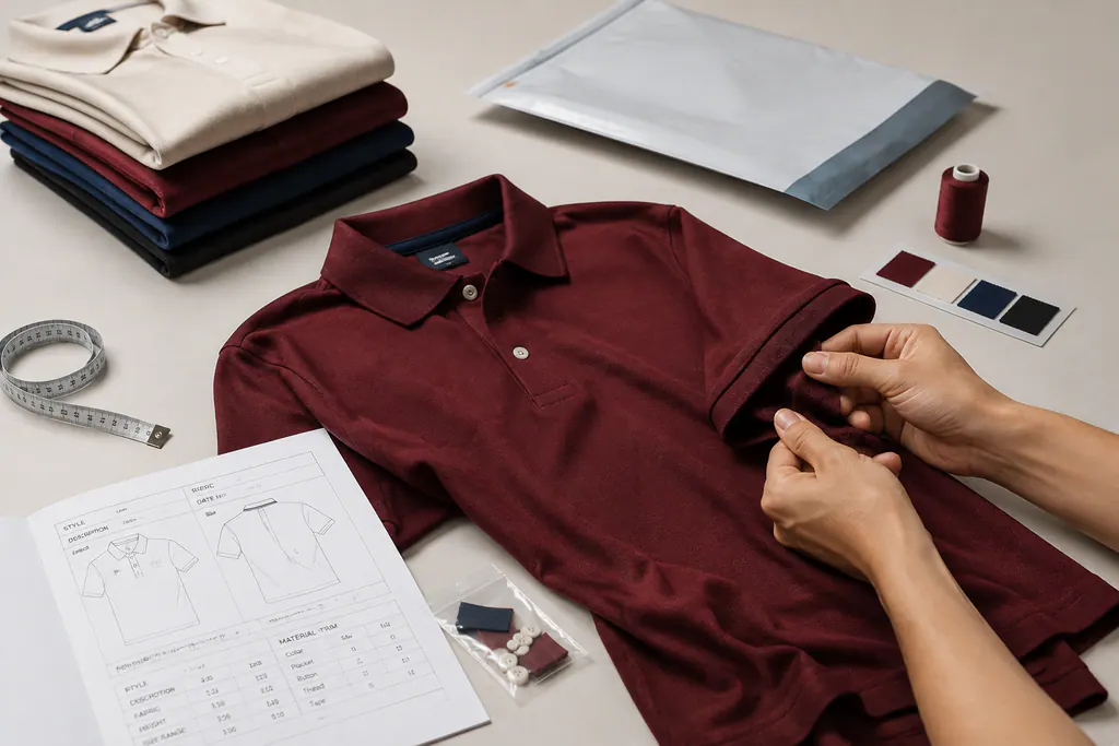 Sample garment reviewed with measurements, trims and packaging reference