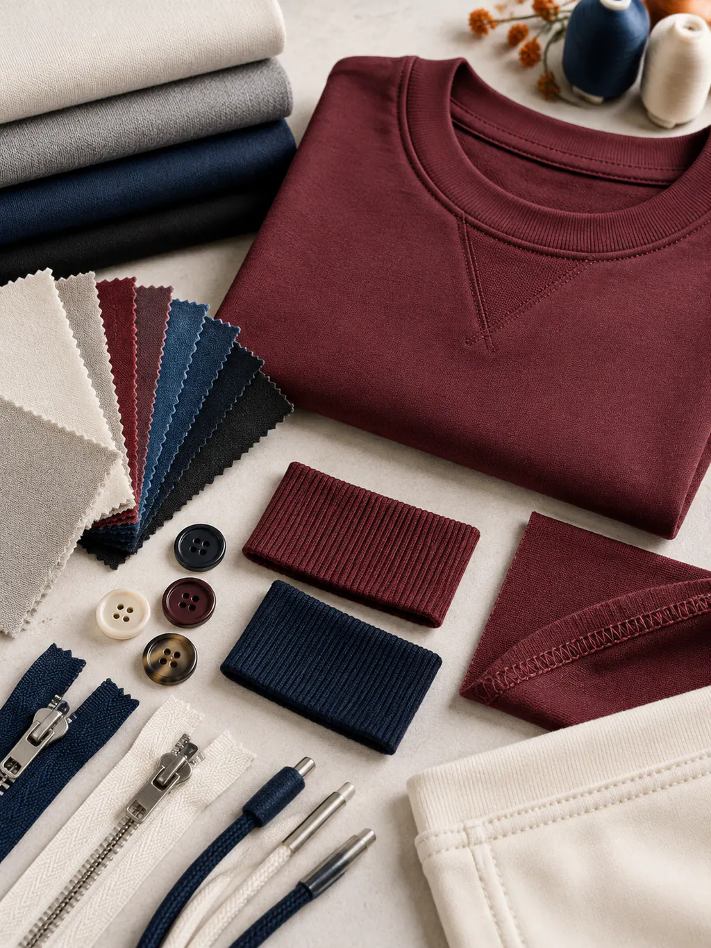 Material swatches, garment construction, trims and decoration details