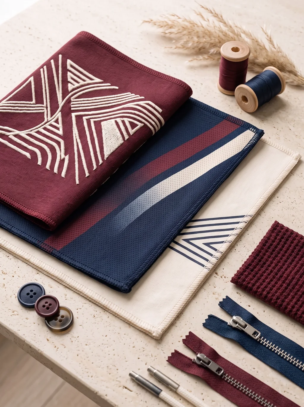 Illustrative embroidery and print samples on burgundy, navy and cream garment fabrics