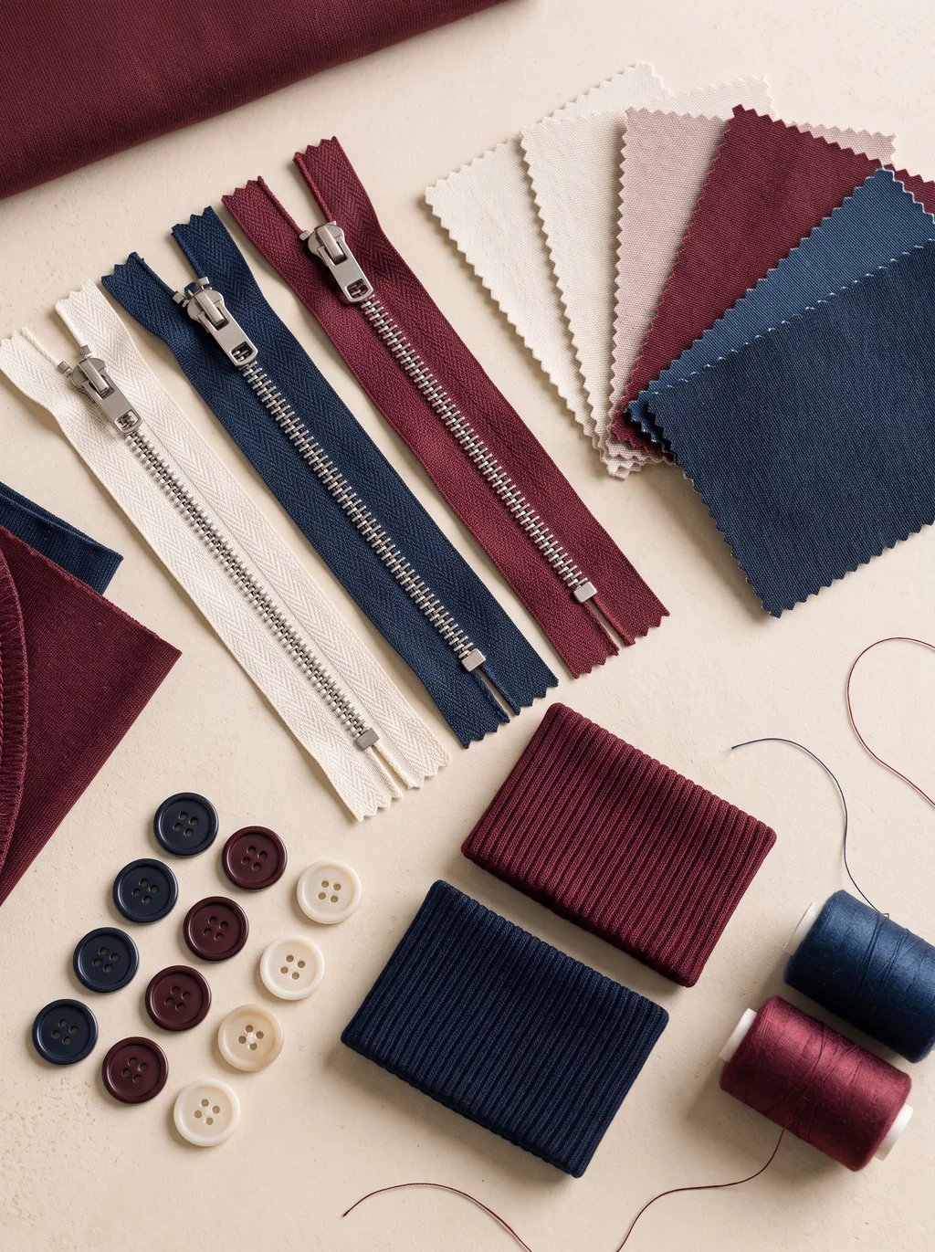 Illustrative coordinated zips, ribbing, thread and fabric colour references