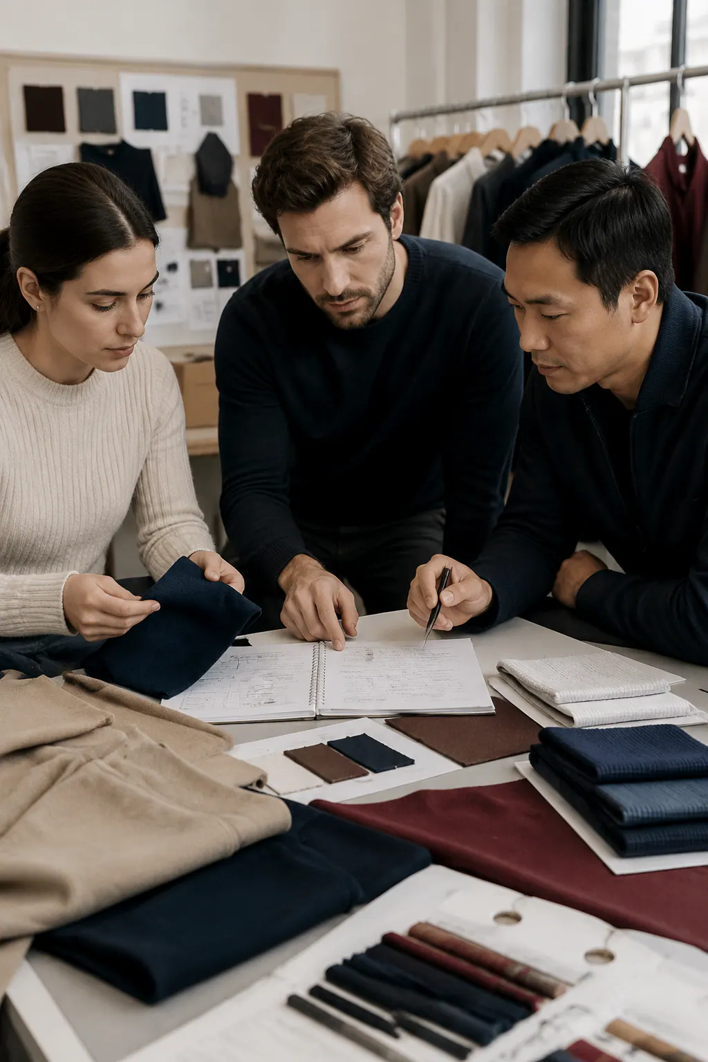 Product team comparing samples and specification notes