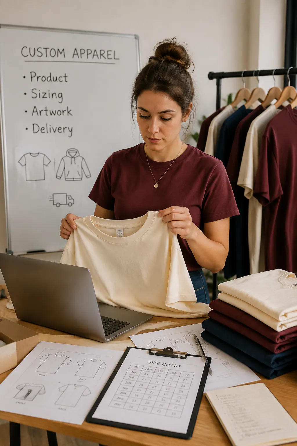 Custom-apparel buyer organising product, sizing, artwork and delivery questions