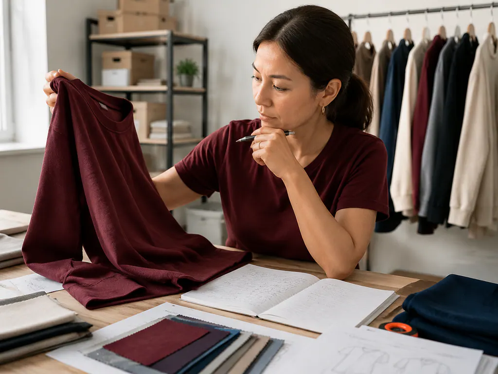 Apparel buyer reviewing a garment sample and written questions