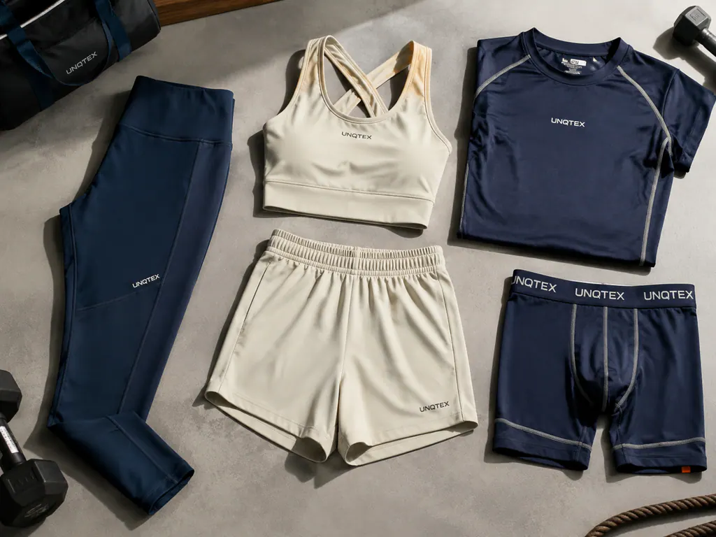 Leggings, fitness top, gym shorts and compression garment arranged as a range