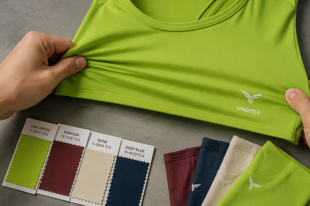 Stretch fabrics shown relaxed and extended beside approved swatches