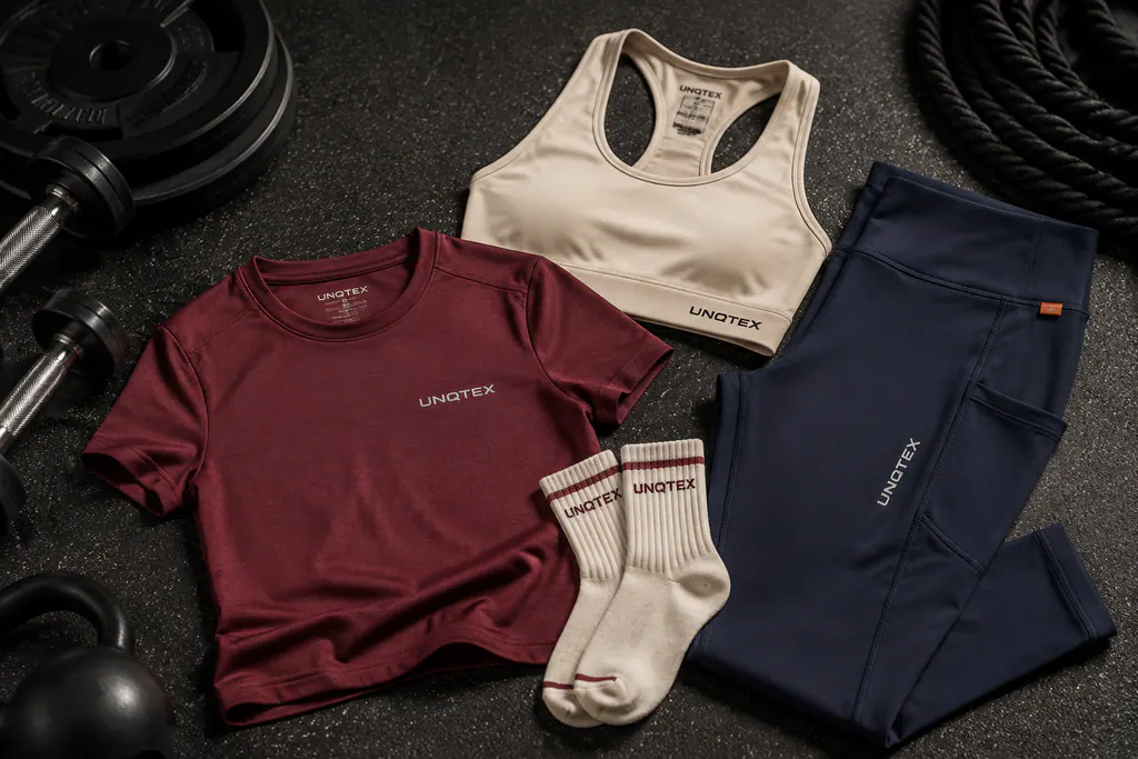 Coordinated fitness garments with branding and label details