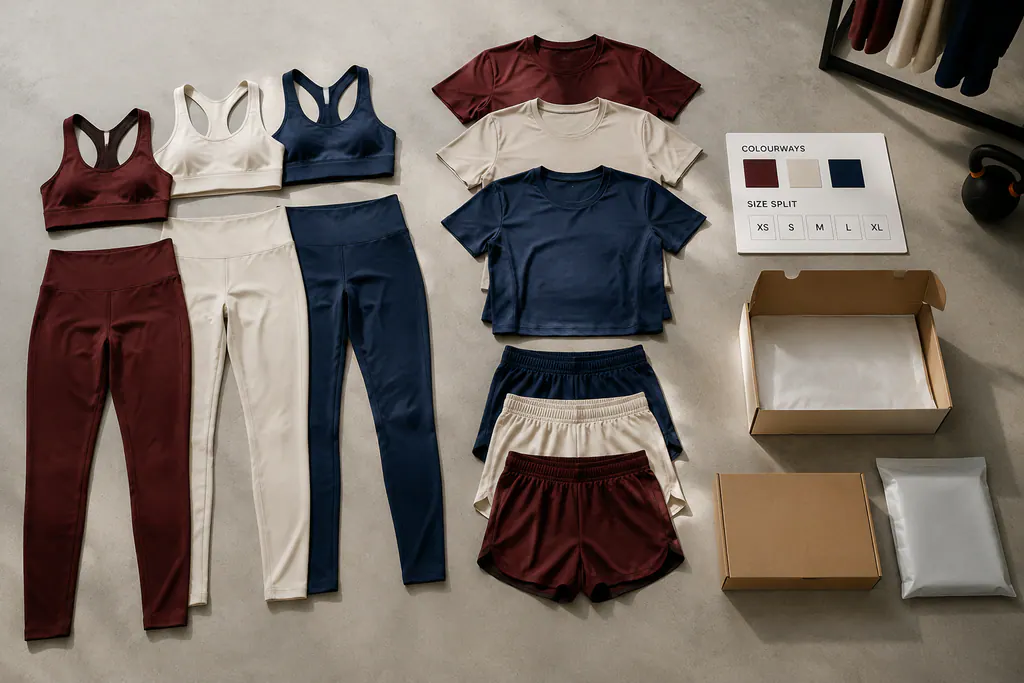 Fitness garments, colourways, size split and packaging arranged for planning