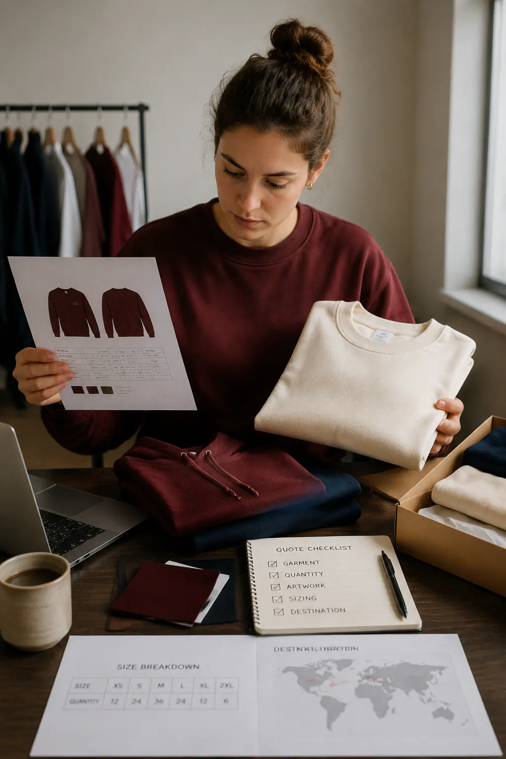 Buyer checking garment, quantity, artwork, sizing and destination inputs