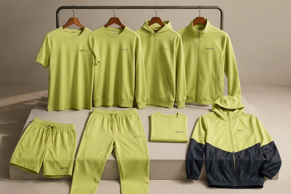 Colour-connected tops, bottoms and outer layer arranged as a range