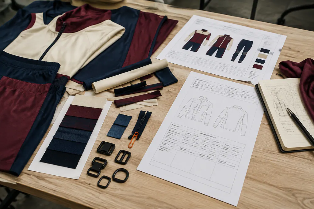 Sportswear samples, swatches, trims and tech packs on a development table