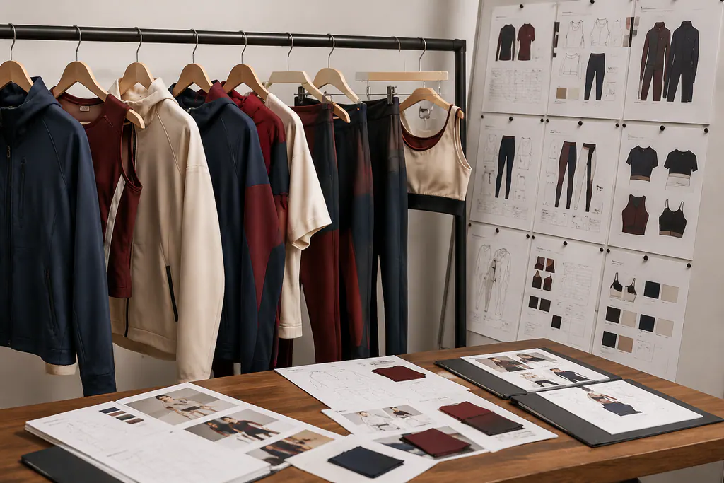 Multi-product sportswear sample rail beside approval sheets