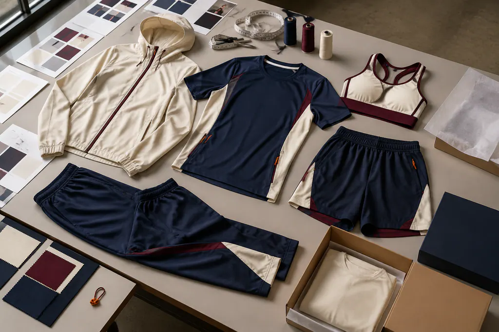 Sportswear products, colourways and packing references arranged for planning