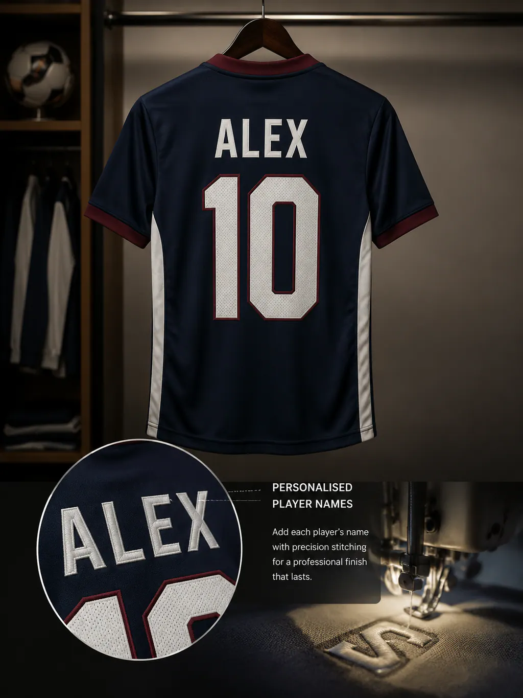 Photorealistic garment detail explaining personalised player names