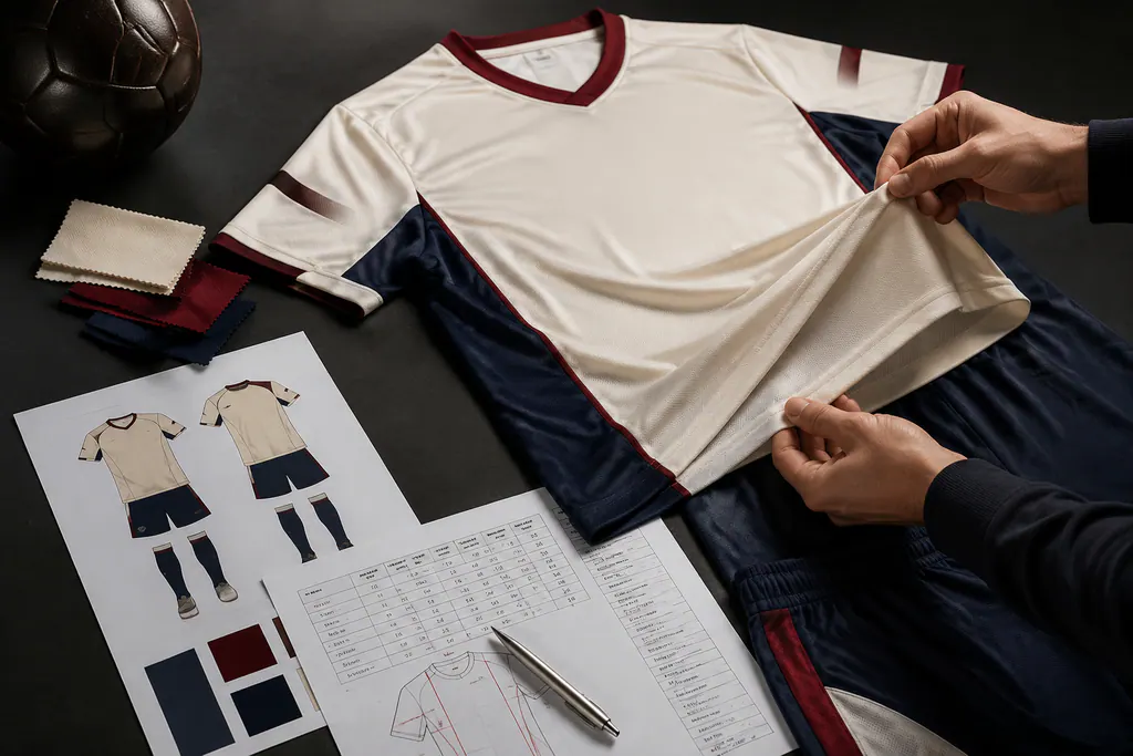 Photorealistic football sample review with garment, measurement sheet, artwork and fabric swatches