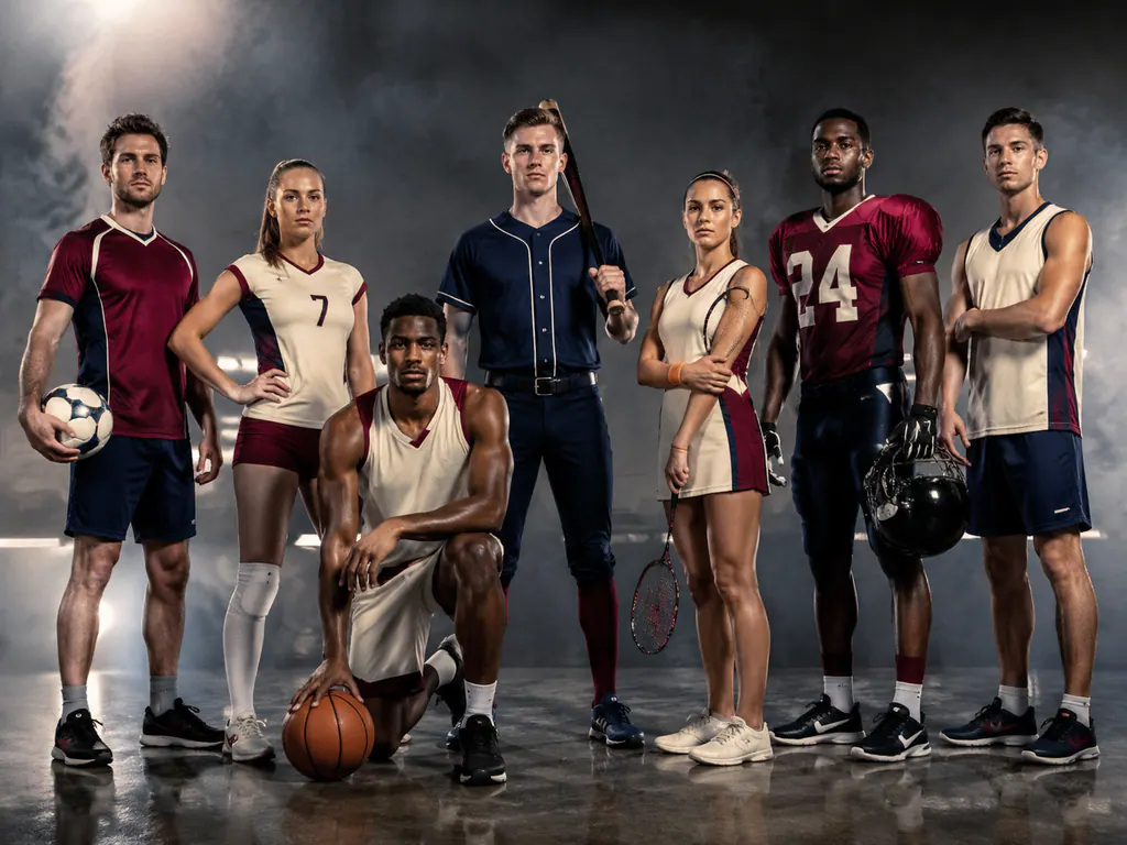 Distinct uniform kits representing several team sports