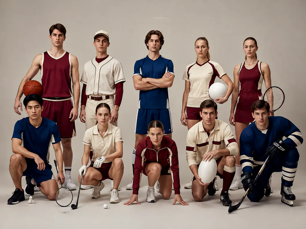 Ten distinct sports represented by appropriate uniforms