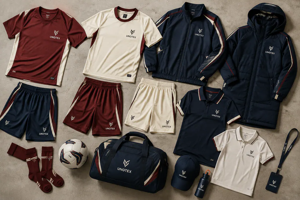 Coordinated match, training and staff garments in an overhead flat lay