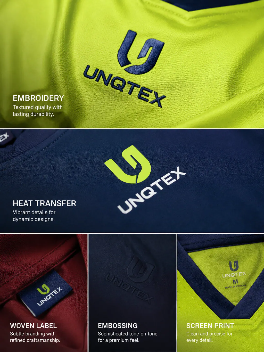 Close views of several teamwear decoration methods
