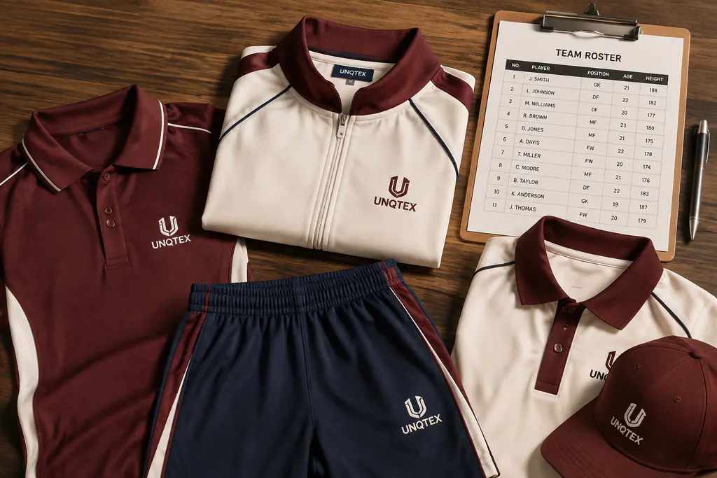 Adult and youth garments arranged beside a controlled team roster