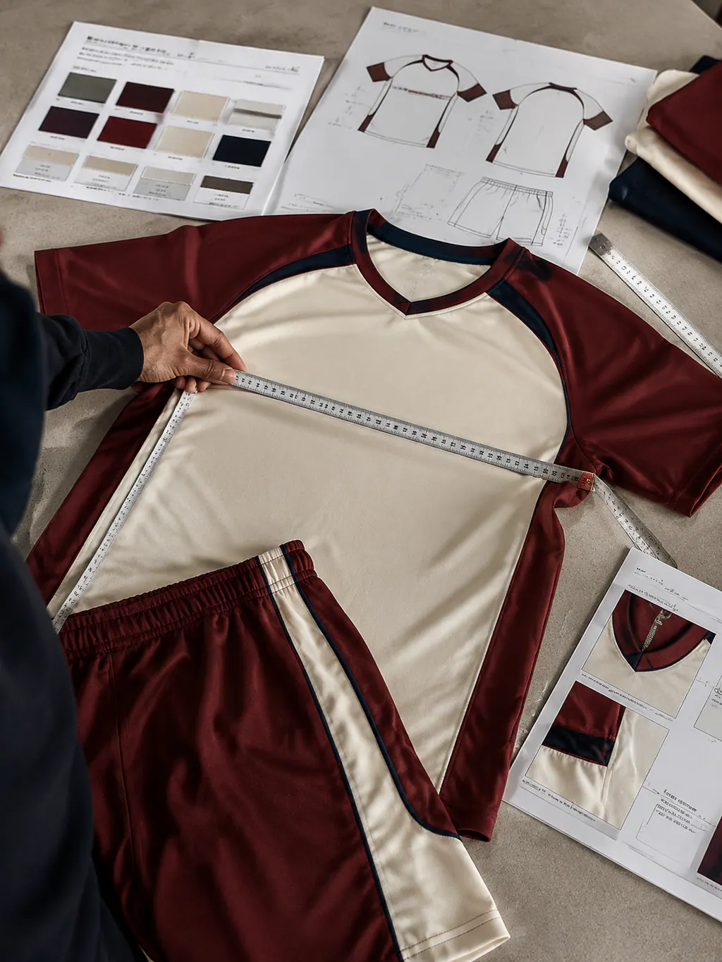 Uniform sample checked with measurements, colour reference and artwork