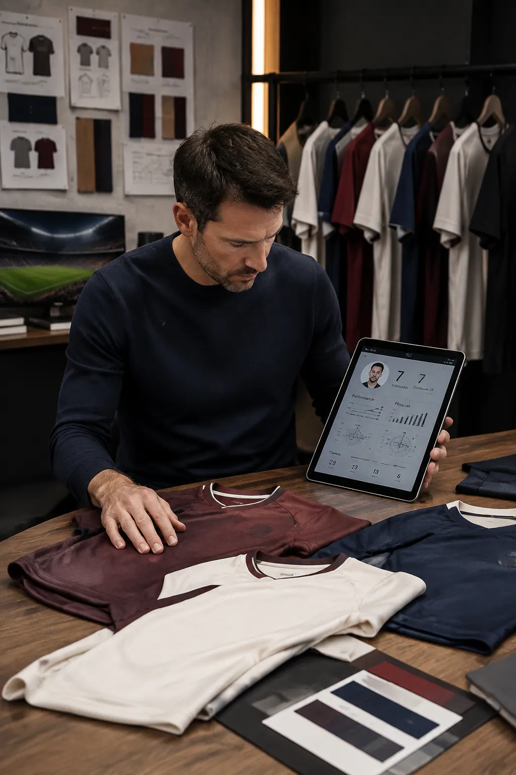 Buyer reviewing uniform samples and player data