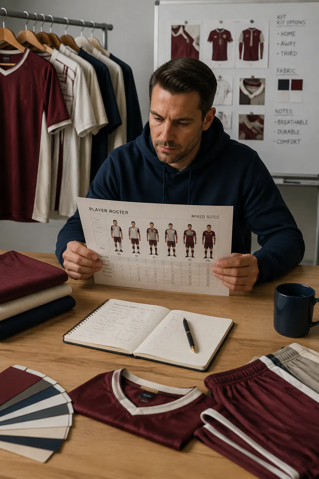 Club organiser reviewing a mixed-size player roster beside unique kit references
