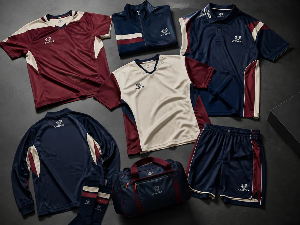 Coordinated match and training garments arranged in a flat lay