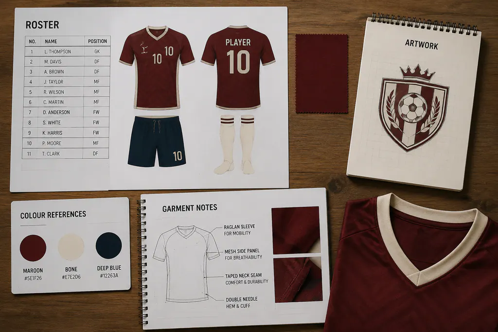 Roster, colour references, artwork and garment notes arranged for a club brief