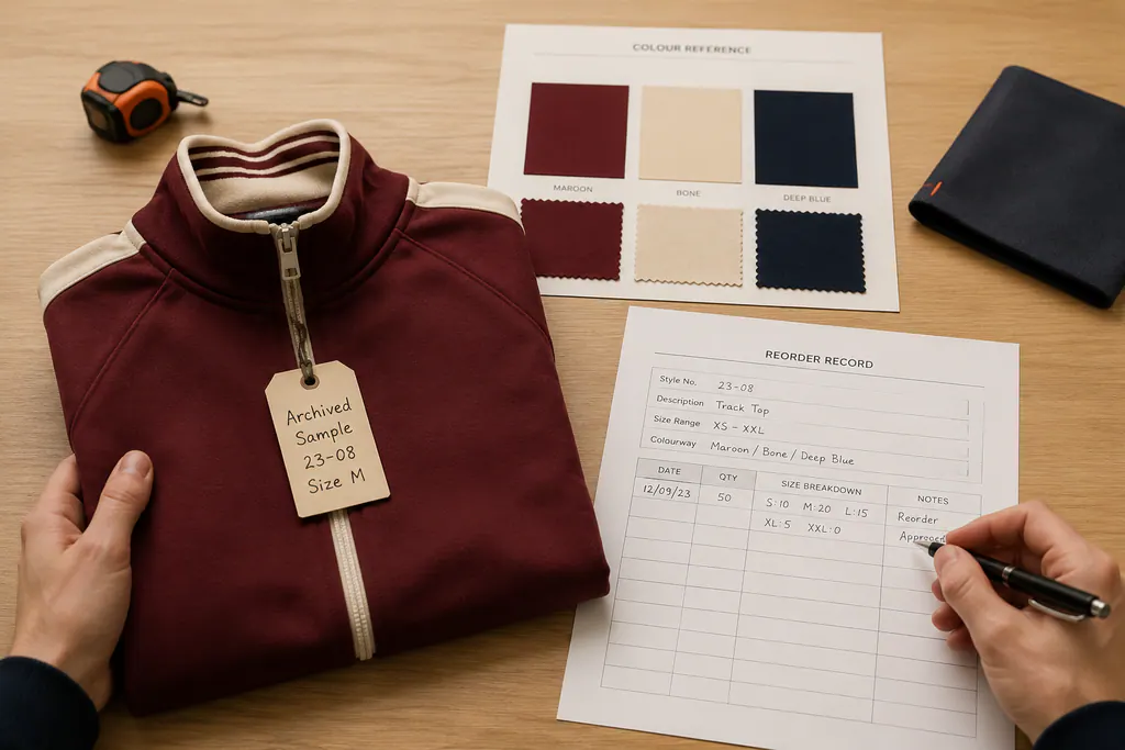 Archived garment sample, colour reference and reorder record