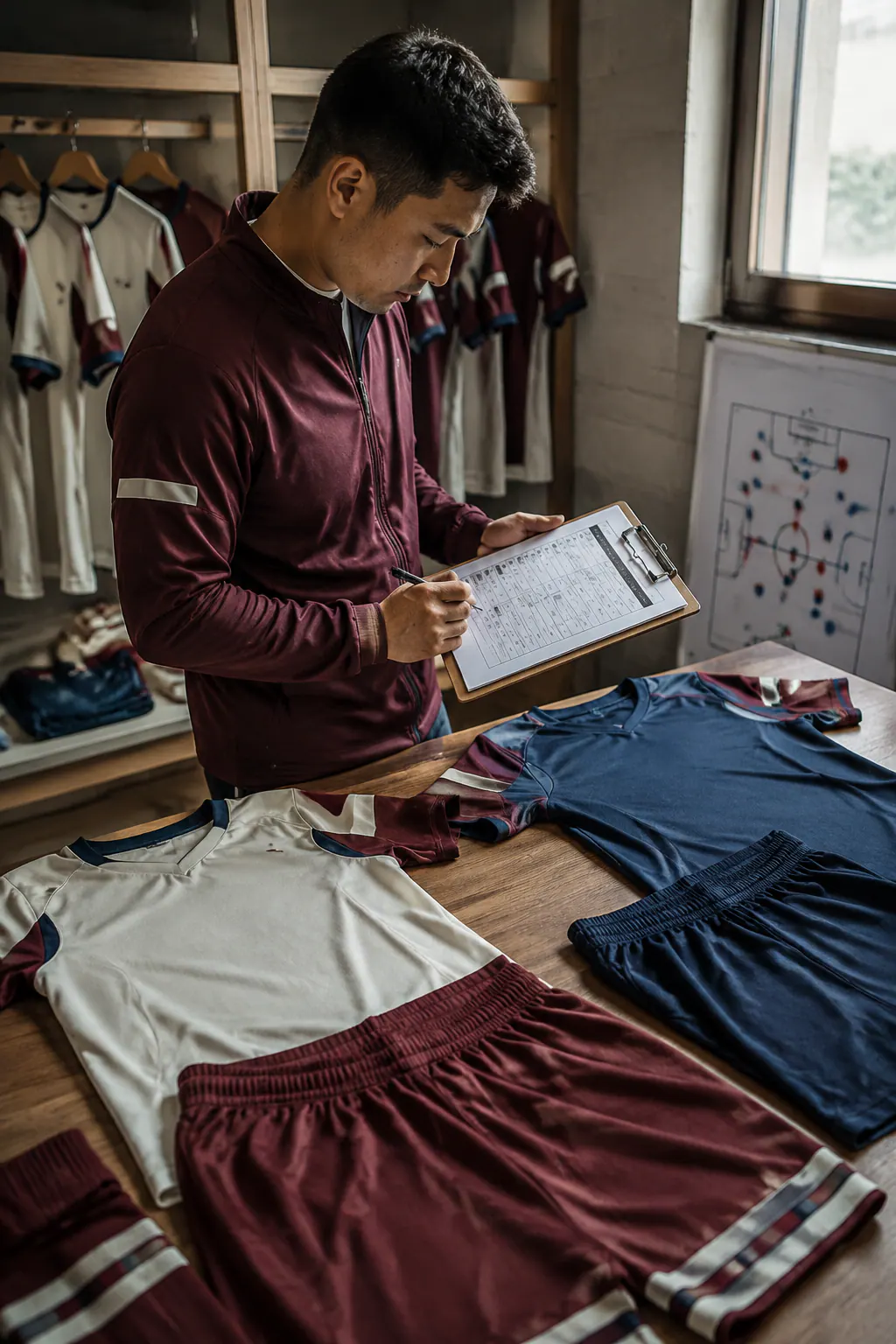 Club organiser checking a player roster beside kit references