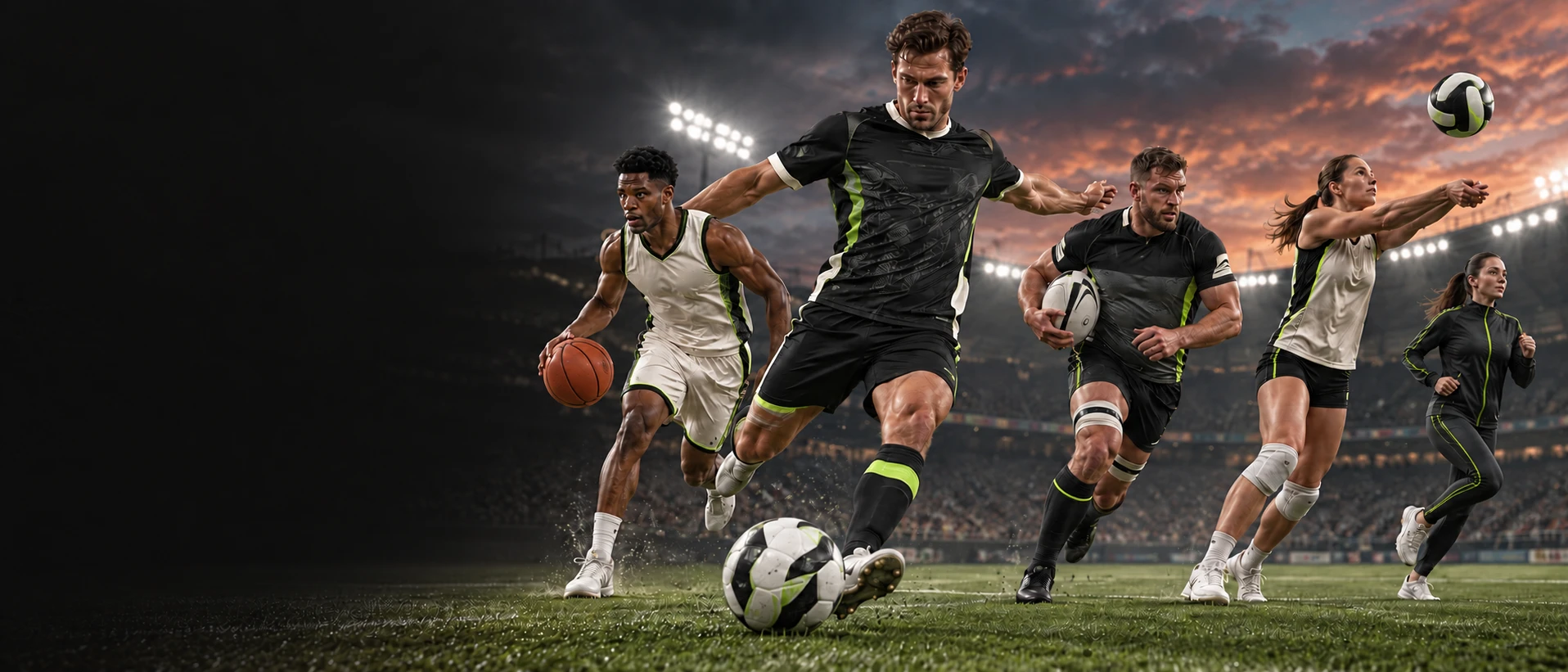 Athletes wearing custom football, basketball, rugby, volleyball and training teamwear